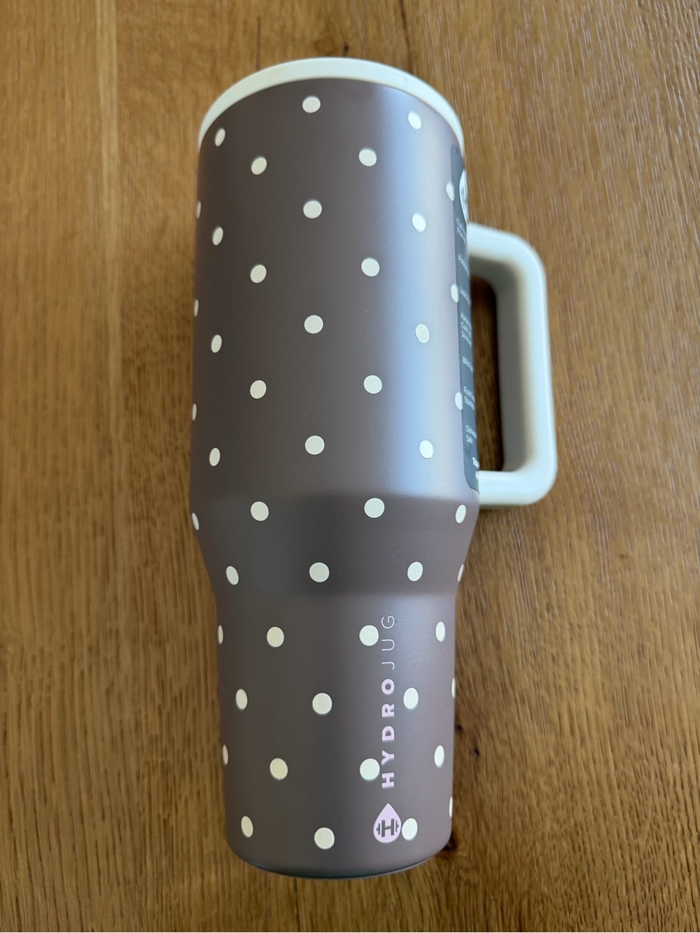 HydroJug Polka Dot Travel Mug in Taupe with Cream Handle